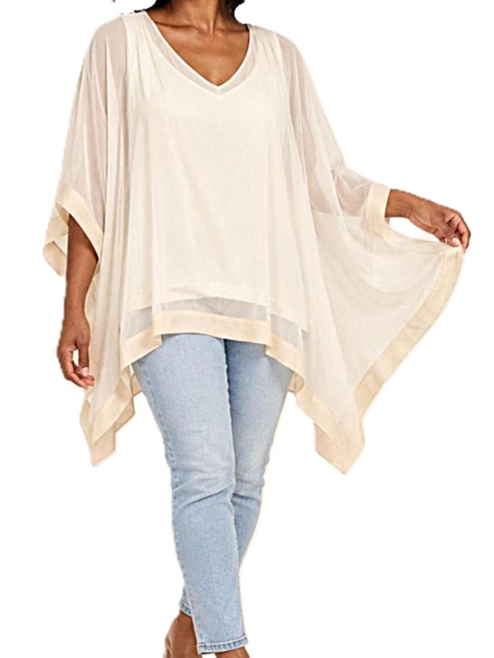 Soft Surroundings Women's Cream and Ivory Sheer- Silk Layer KimonoTop size XS